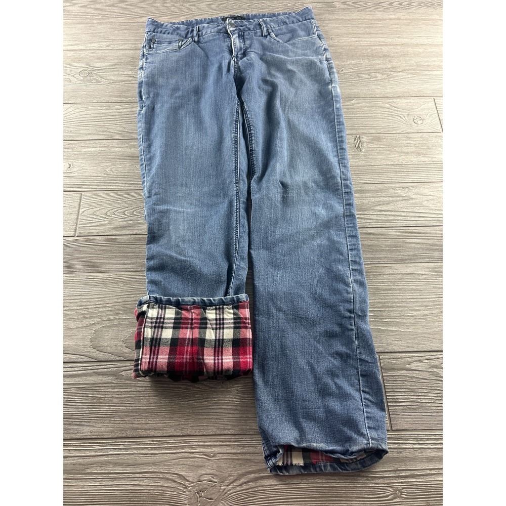 PrAna Lined Straight Jeans Womens 8/29 Blue Mid Rise Flannel Plaid Denim